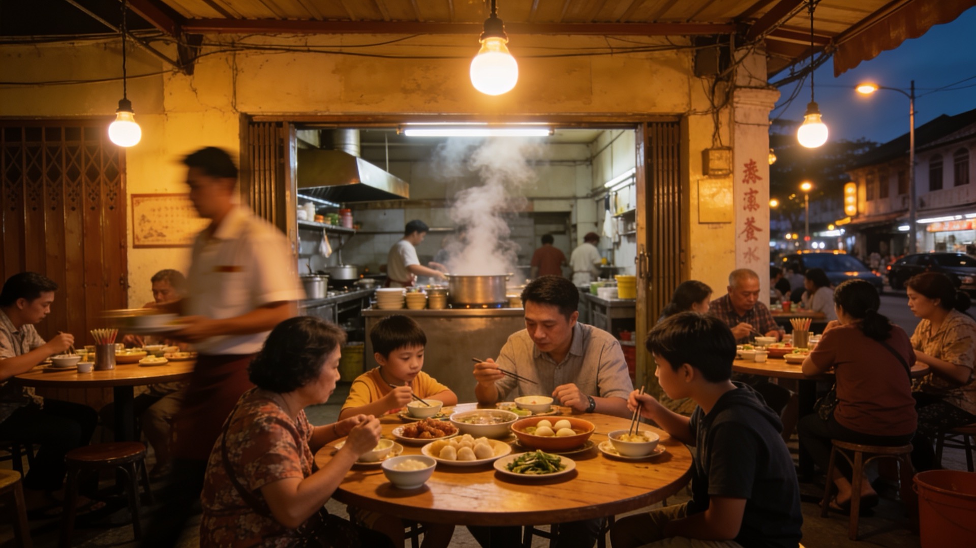 Bustling evening crowd at the corner-lot restaurant