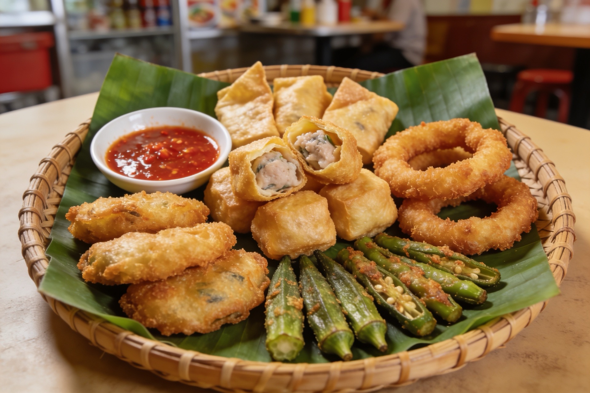 Platter of golden fried yong tau fu with youtiao and stuffed beans