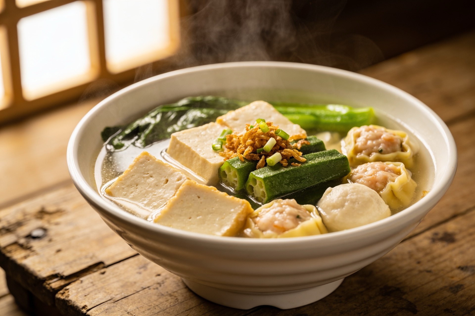 Clear yong tau fu soup with stuffed tofu and sweet leaf