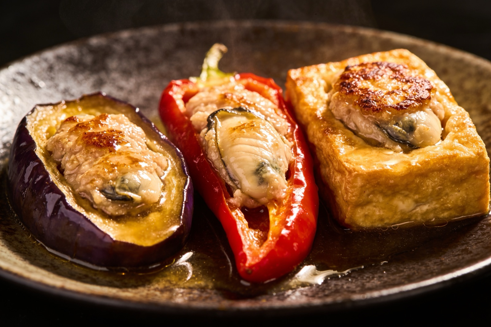 Stuffed brinjal, red chilli and white tofu yong tau fu