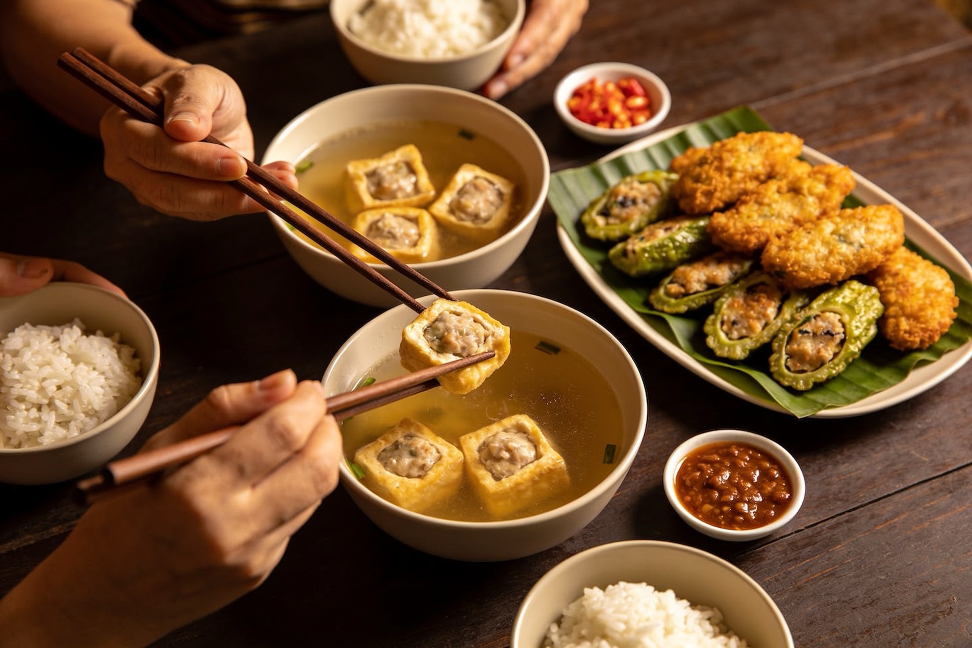 Family sharing a table of yong tau fu dishes