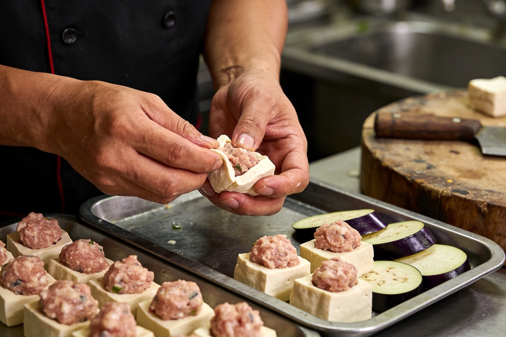 Hands stuffing fresh fish paste into tofu and brinjal at the counter